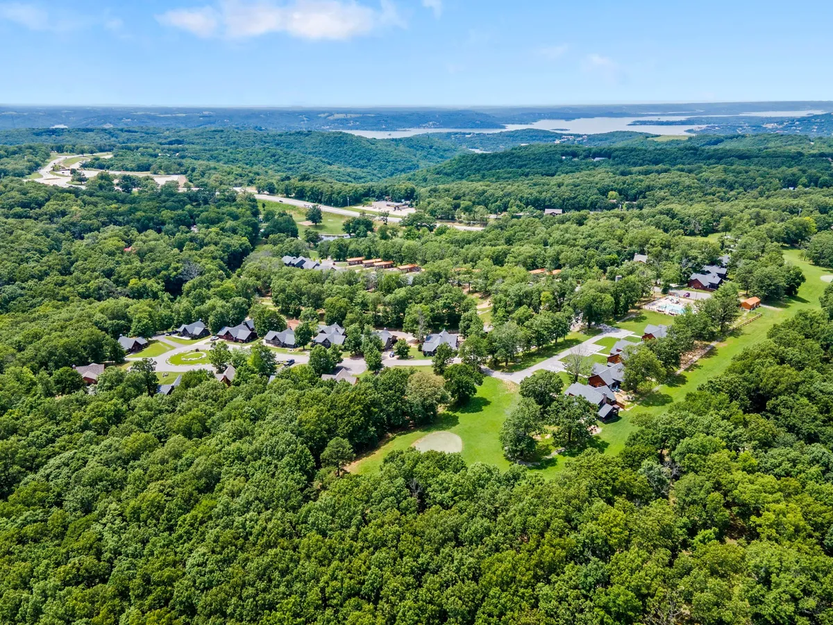 A sweeping view of lush green forests interspersed with a sprawling residential area, a glistening lake, and rolling hills. The scene is tranquil and inviting, capturing the natural beauty and diversity of the Ozarks landscape, ideal for hiking, biking, and nature walks.